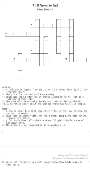 TTS Narrative text Kelas 9 Semester 11 Across 4. A Tolktale or legend from East Java. It's about the origin of the fragrant river.