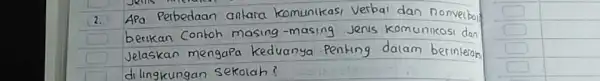 APa Perbedaan antara komunikasi Verbal dan nonvecball berikan Contoh masing-masing Jenis komunikasi dan Jelaskan mengapa keduanya penting dalam berinterain. dilingkungan sekolah?