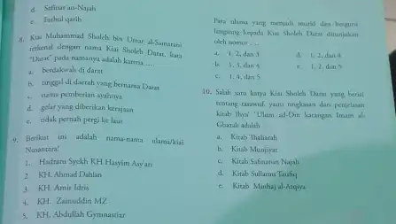 d. Safinat ab-Najah c. Fathul quaib 8. Kiai Muhammad Sholeh bin Umar al-Samarani terkenal dengan nama Kiai Sholeh Darat, kata -Darar" pada namanya adalah