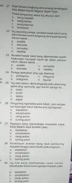 Evan Dimas mongkong atine amerga tendangane bisa ditepis kipere Nagara Gajah Putih. Posisi pengarang ukara ing dhuwur dadi ... a. wong kapisan b. wong