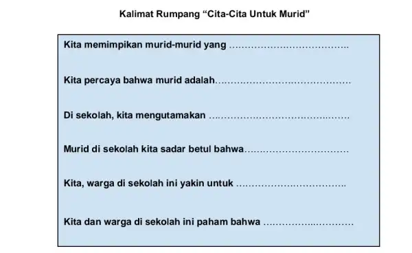 Kalimat Rumpang "Cita-Cita Untuk Murid" Kita memimpikan murid-murid yang Kita percaya bahwa murid adalah Di sekolah, kita mengutamakan Murid di sekolah kita sadar betul