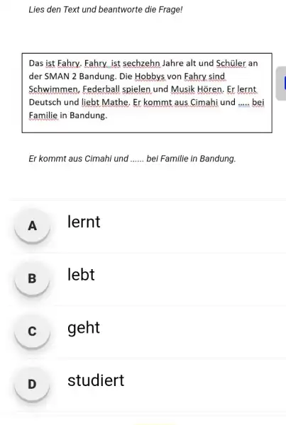 Lies den Text und beantworte die Frage! Das ist Fahry. Fahry ist sechzehn Jahre alt und Schüler an der SMAN 2 Bandung. Die Hobbys