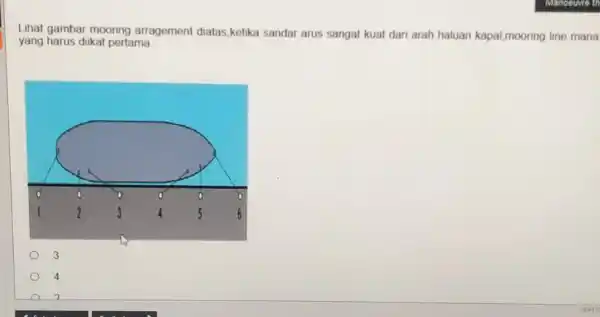 Lihat gambar mooring arragement diatas,ketika sandar arus sangat kuat dari arah haluan kapal,mooring line mana yang harus diikat pertama 3 4