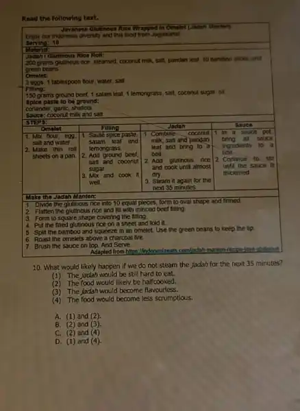 Read the following text. Enjoy our Indonesta divently and inis tood from Jogjakartal serving: 10 Matisis: Jodah/ Gut nous kice koा: 200 prans gitutinous