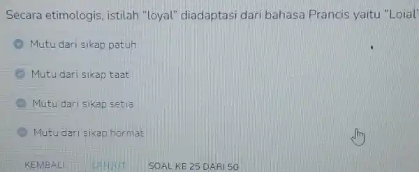 Secara etimologis, istilah "Loyal" diadaptasi dari bahasa Prancis yaitu "Loial' Mutu dari sikap patuh Mutu dari sikap taat Mutu dari sikap setia Mutu dari