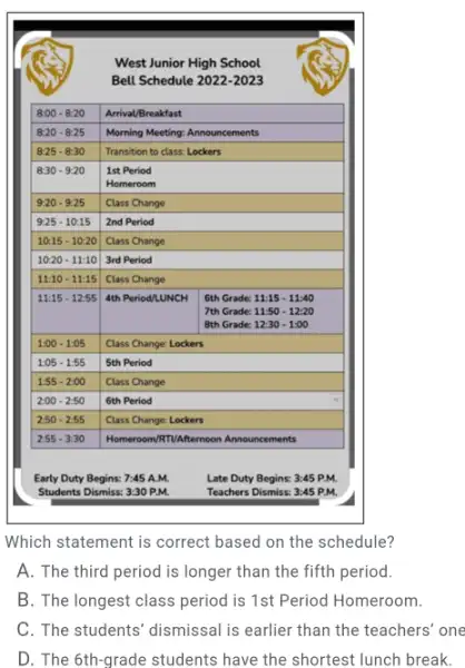 West Junior High School Bell Schedule 2022-2023 8:00-8:20 Arrival/Breakfast 8:20-8:25 Morning Meeting: Announcements 8:25-8:30 Transition to class: Lockers 8:30-9:20 1st Period Homeroom 1st Period