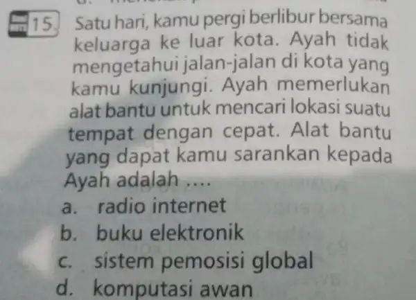 툐15. Satu hari, kamu pergi berlibur bersama keluarga ke luar kota. Ayah tidak mengetahui jalan-jalan di kota yang kamu kunjungi. Ayah memerlukan alat bantu