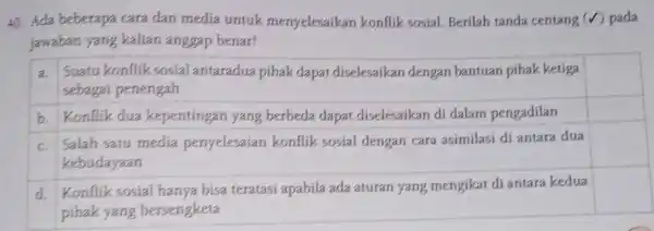 Ada beberapa cara dan media untuk menyelesaikan konflik sosial. Berilah tanda centang (✓) pada jawaban yang kalian anggap benar! Suatu konflik sosial antaradua pihak