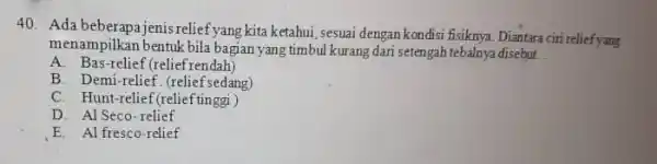 Ada beberapa jenis relief yang kita ketahui, sesuai dengan kondisi fisiknya. Diantara ciri relief yang menampilkan bentuk bila bagian yang timbul kurang dari setengah