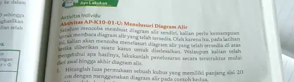 Aktivitas Individu Aktivitas AP-K10-01-U: Menelusuri Diagram Alir Sebelum mencoba membuat diagram alir sendiri, kalian perlu kemampuan untuk membaca diagram alir yang telah tersedia. Oleh