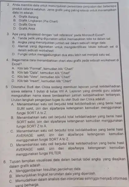 Anda memiliki data untuk menunjukkan persentase penjualan dari beberapa produk selama setahun. Jenis grafik yang paling sesuai untuk menampilkan data ini adalah: A. Grafik