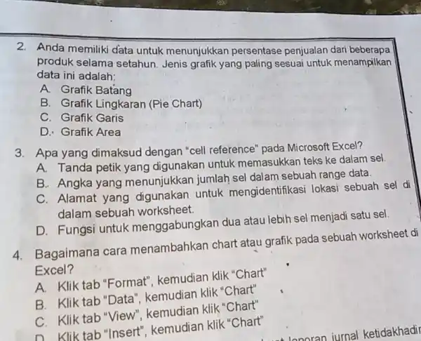 Anda memiliki data untuk menunjukkan persentase penjualan dari beberapa produk selama setahun. Jenis grafik yang paling sesuai untuk menampilkan data ini adalah: A. Grafik