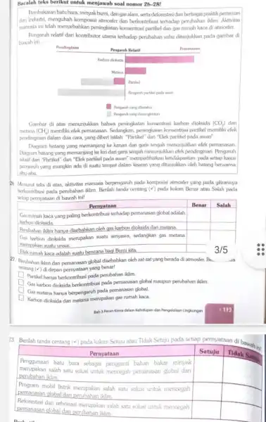 Bacalah teks berikut untuk menjawab soal nomor 26-28! Pembakaran batu bara, minyak bumi, dan gas alam, serta deforestasi dan berbagai praktik pertanian dan industri,