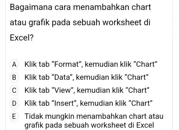 Bagaimana cara menambahkan chart atau grafik pada sebuah worksheet di Excel? A Klik tab "Format", kemudian klik "Chart" B Klik tab "Data", kemudian klik