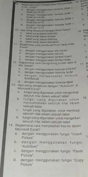 Bagaimana care menggunakan formula SUM di Ms. Excot? a. dongan menggunaken formula SUM a SUM (A1:A10) b. dengan menggunakan formula SUM = SUM(A1+A 10)