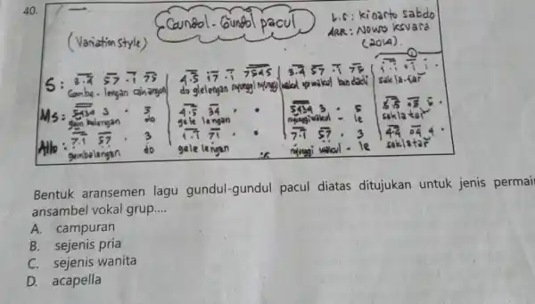 Bentuk aransemen lagu gundul-gundul pacul diatas ditujukan untuk jenis permai ansambel vokal grup.... A. campuran B. sejenis pria C. sejenis wanita D. acapella