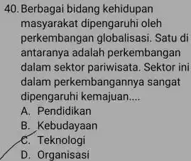 Berbagai bidang kehidupan masyarakat dipengaruhi oleh perkembangan globalisasi. Satu di antaranya adalah perkembangan dalam sektor pariwisata. Sektor ini dalam perkembangannya sangat dipengaruhi kemajuan.... A.