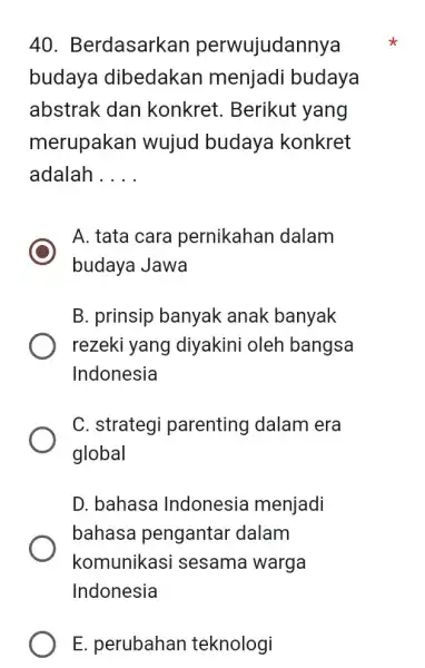 Berdasarkan perwujudannya budaya dibedakan menjadi budaya abstrak dan konkret. Berikut yang merupakan wujud budaya konkret adalah .... . A. tata cara pernikahan dalam budaya