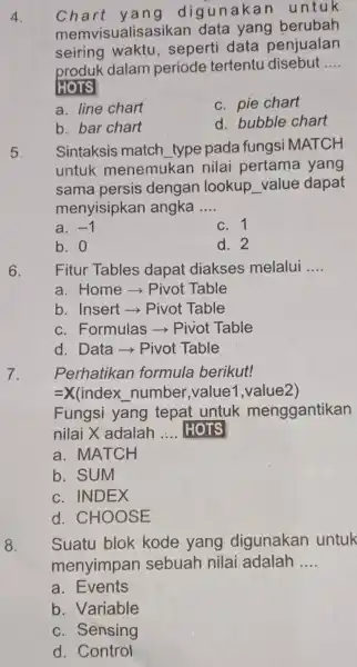 Chart yang digunakan untuk memvisualisasikan data yang berubah seiring waktu, seperti data penjualan produk dalam periode tertentu disebut .... HOTS a. line chart c.