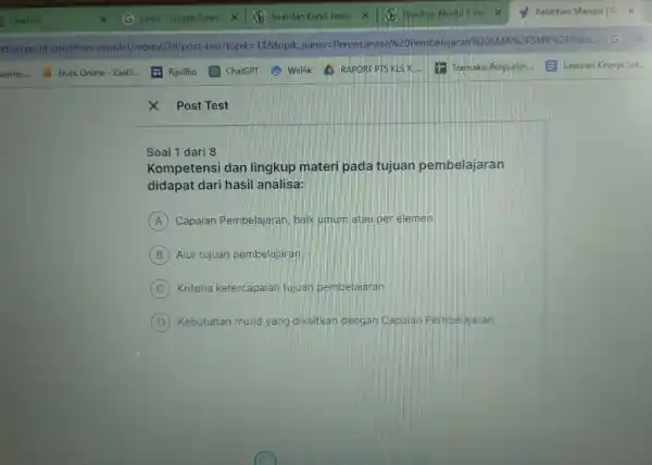 Chatcip pmin-Google Searc xx Soal dan Kunci lawal Jawabas Modul I Pe Pelatihan Mandini | P: kbud.go.id/ pelatihan-mandiri/modul/39/post-test?topik=13&topik.name=Perencanaan%20Pembelajaran%20SMA%2FSMK%2FPake... C Nulis Online - ZaaD... RijulBio