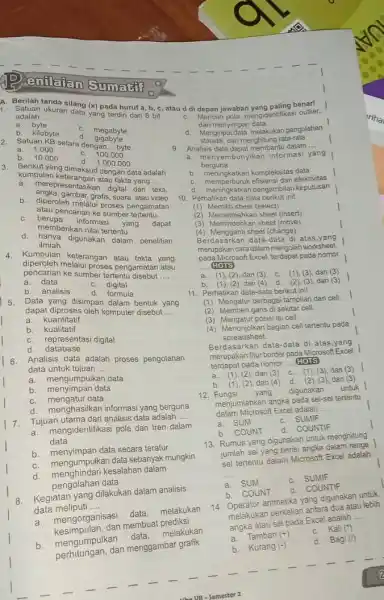 D) Enilatan Sumath A. Berilah tanda silang (x) pada huruf a,b,c , atau d di depan jawaban yang paling benar! Satuan ukuran data yang