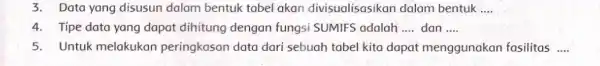 Data yang disusun dalam bentuk tabel akan divisualisasikan dalam bentuk .... Típe data yang dapat dihitung dengan fungsi SUMIFS adalah .... dan .... Untuk