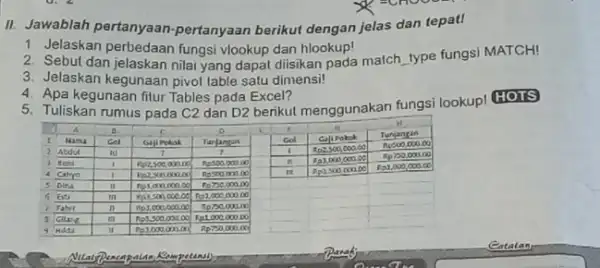 II. Jawablah pertanyaan-pertanyaan berikut dengan jelas dan tepatI 1 Jelaskan perbedaan fungsi vlookup dan hlookup! 2. Sebut dan jelaskan nilal yang dapat diisikan pada