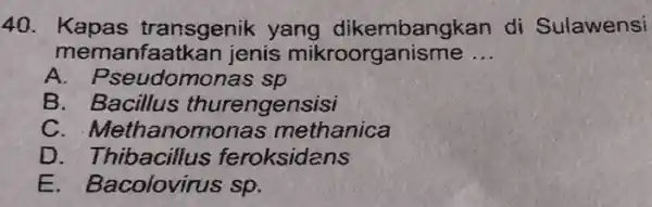 Kapas transgenik yang dikembangkan di Sulawensi memanfaatkan jenis mikroorganisme ... A. Pseudomonas sp B. Bacillus thurengensisi C. Methanomonas methanica D. Thibacillus feroksidans E. Bacolovirus