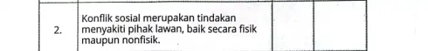 Konflik sosial merupakan tindakan 2. menyakiti pihak lawan, baik secara fisik maupun nonfisik.