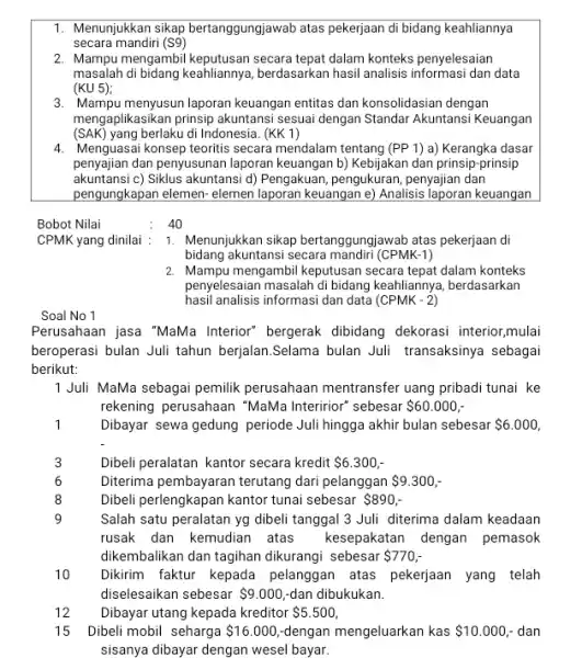 Menunjukkan sikap bertanggungjawab atas pekerjaan di bidang keahliannya secara mandiri ( 9 ) Mampu mengambil keputusan secara tepat dalam konteks penyelesaian masalah di bidang