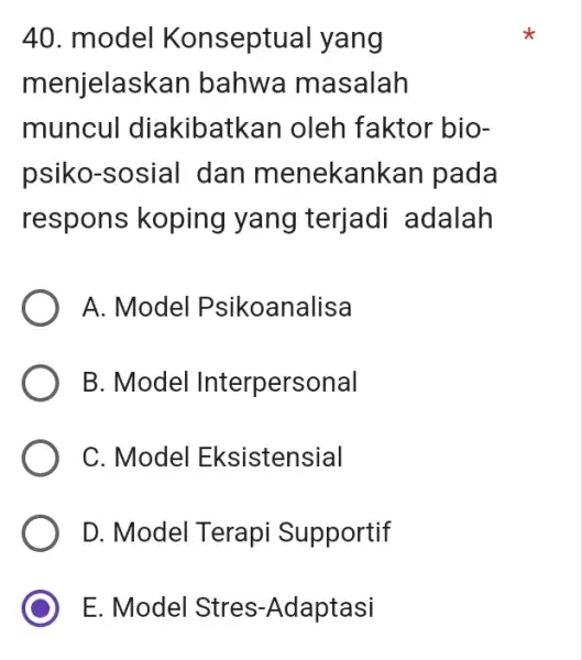 model Konseptual yang menjelaskan bahwa masalah muncul diakibatkan oleh faktor biopsiko-sosial dan menekankan pada respons koping yang terjadi adalah A. Model Psikoanalisa B. Model