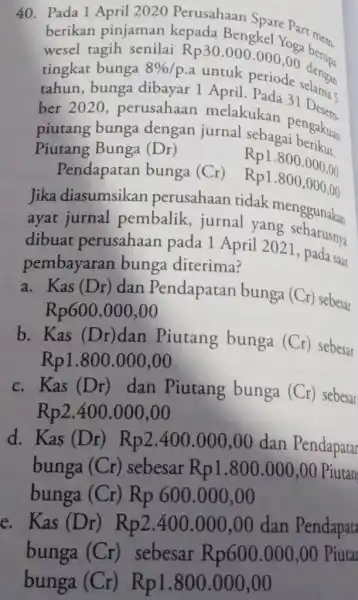 Pada 1 April 2020 Perusahaan Spare Part metm_(". ") berikan pinjaman kepada Bengkel Yoga betupa wesel tagih senilai Rp30.000. tahun, bunga dibayar 1 April.