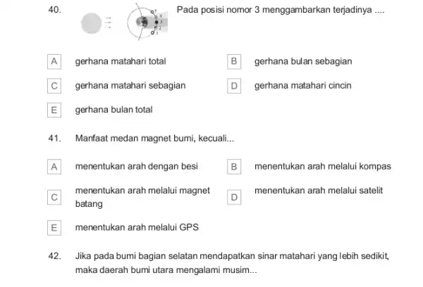 Pada posisi nomor 3 menggambarkan terjadinya .... A gerhana matahari total B gerhana bulan sebagian C gerhana matahari sebagian D gerhana matahari cincin E