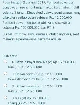 Pada tanggal 2 Januari 2017, Pemberi sewa dan penyewaan menandatangani akad ijarah atas mobil selama 3 tahun. Disepakati bahwa pembayaran yang dilakukan setiap bulan