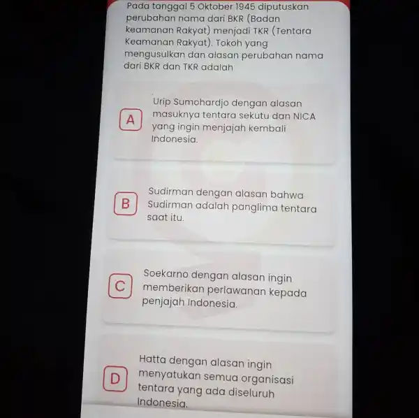 Pada tanggal 5 Oktober 1945 diputuskan perubahan nama dari BKR (Badan keamanan Rakyat) menjadi TKR (Tentara Keamanan Rakyat). Tokoh yang mengusulkan dan alasan perubahan