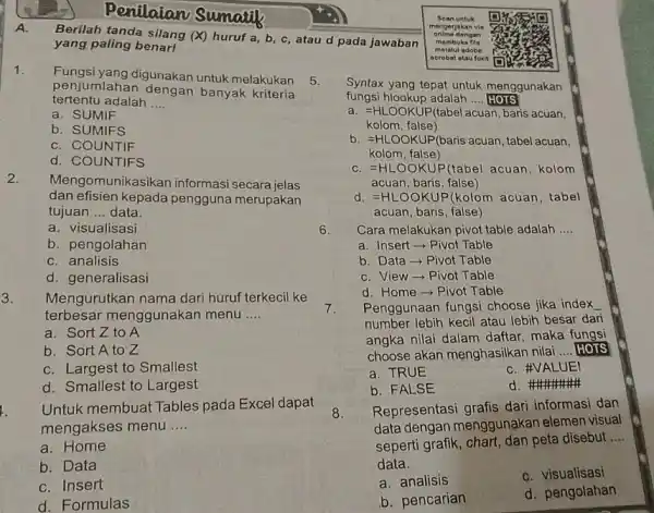 Penilaian Sumatif A. Berilah tanda silang (X) huruf a,b,c , atau d pada jawaban yang paling benarl Fungsi yang digunakan untuk melakukan penjumlahan dengan