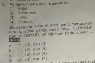 Perhatikan data-data di bawah ini. (1) Match. (2) Reference. (3) Index: (4) Choose. Berdasarkan data di atas, yang merupakan cara lain dari penggunaan fungsi