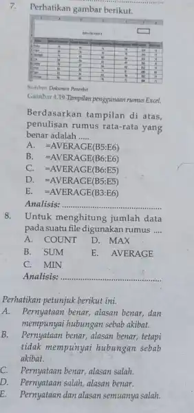 Perhatikan gambar berikut. Sumber. Dokumen Pencrbit Gambar 4.19 Tampilan penggunaan rumus Excel. Berdasarkan tampilan di atas, penulisan rumus rata-rata yang benar adalah ..... A.