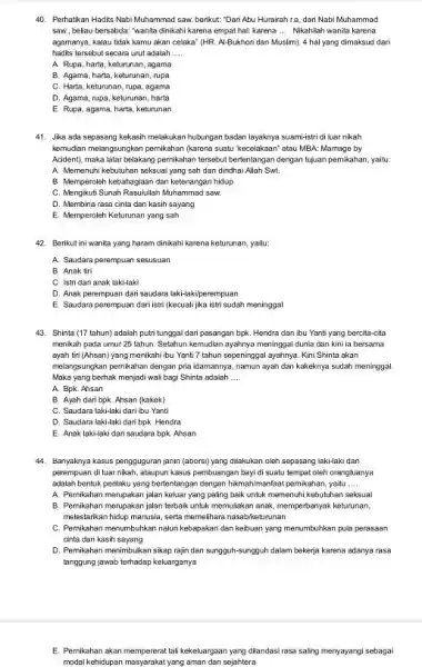 Perhatikan Hadits Nabi Muhammad saw berikut: 'Dari Abu Hurairah ra, dari Nabi Muhammad saw, beliau bersabda: "wanita dinikahi karena empat hal; karena ... .