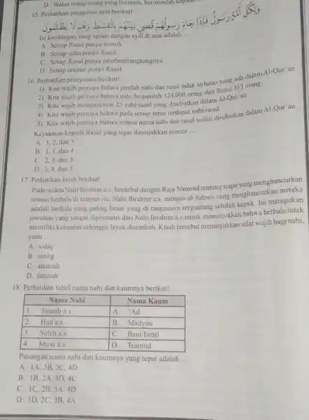 Perhatikan penggalan ayat berikut! Isi kandungan yang sesuai déngan ayait di atas adalah .... A. Setiap Rasul punya musuh. B. Setiap suku punya Rasul.