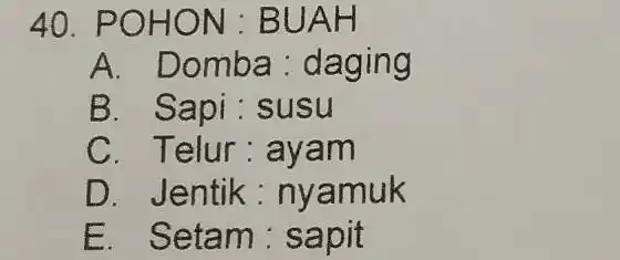 POHON : BUAH A. Domba : daging B. Sapi : susu C. Telur : ayam D. Jentik : nyamuk E. Setam : sapit