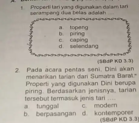 Properti tari yang digunakan dalam tari serampang dua belas adalah a. topeng b. piring c. caping d. selendang (SBdP KD 3.3) Pada acara pentas