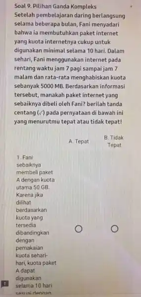 Soal 9. Pilihan Ganda Kompleks Setelah pembelajaran daring berlangsung selama beberapa bulan, Fani menyadari bahwa ia membutuhkan paket internet yang kuota internetnya cukup untuk