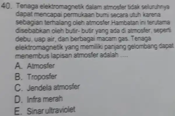 Tenaga elektromagnetik dalam atmosfer tidak seluruhnya dapat mencapai permukaan bumi secara utuh karena sebagian terhalang oleh atmosfer. Hambatan ini terutama disebabkan oleh butir- butir