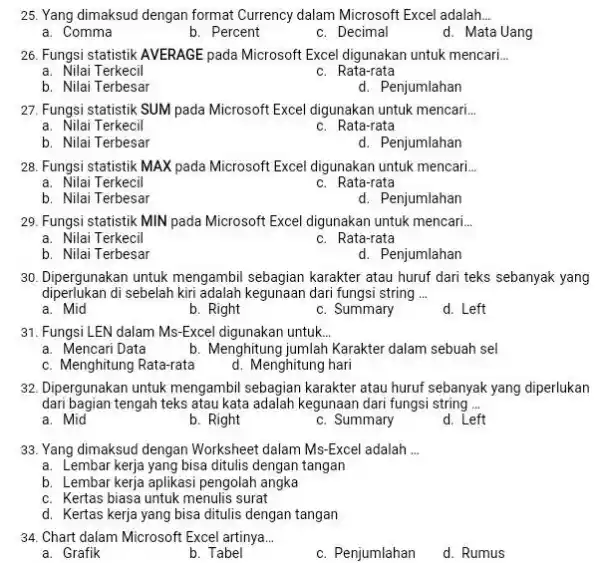 Yang dimaksud dengan format Currency dalam Microsoft Excel adalah... a. Comma b. Percent c. Decimal d. Mata Uang Fungsi statistik AVERAGE pada Microsoft Excel