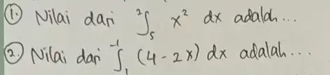 (1.) Nilai da_(Gamma)int_(5)^(2)x^(2)dx adald... (2.) Nilai dar int_(1)^(-1)(4-2x)dx adalah...