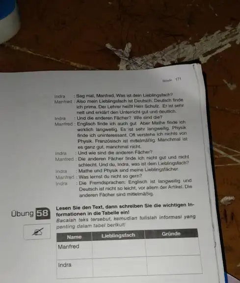 171 Indra : Sag mal, Mantred, Was ist dein Lieblingsfach? Mantred : Also mein Lieblingstach ist Deutsch, Deutsch finde ich prime. Der Lehrer heißt