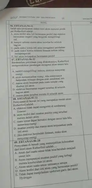 (a) TO^(2) perapan UAN frila 2009 - SMA DWIW APa&A 15 Iscti zam SOAL 06. EBTANAS-94-31 Salah satu pernyataan dalam teori atom menurut penda