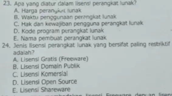 Apa yang diatur dalam lisensi perangkat lunak? A. Harga peranyknt lunak B. Waktu penggunaan perangkat lunak C. Hak dan kewajiban pengguna perangkat lunak D.