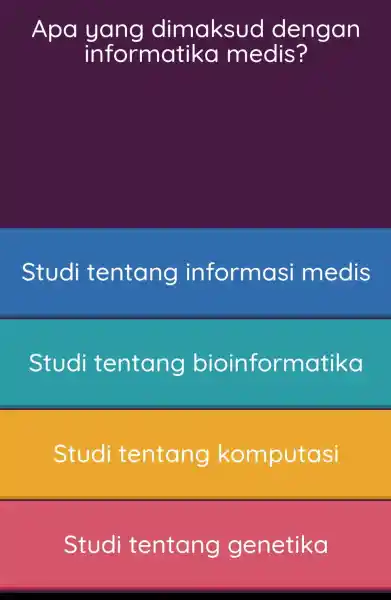 Apa yang dimaksud dengan informatika medis? Studi tentang informasi medis Studi tentang bioinformatika Studi tentang komputasi Studi tentang genetika